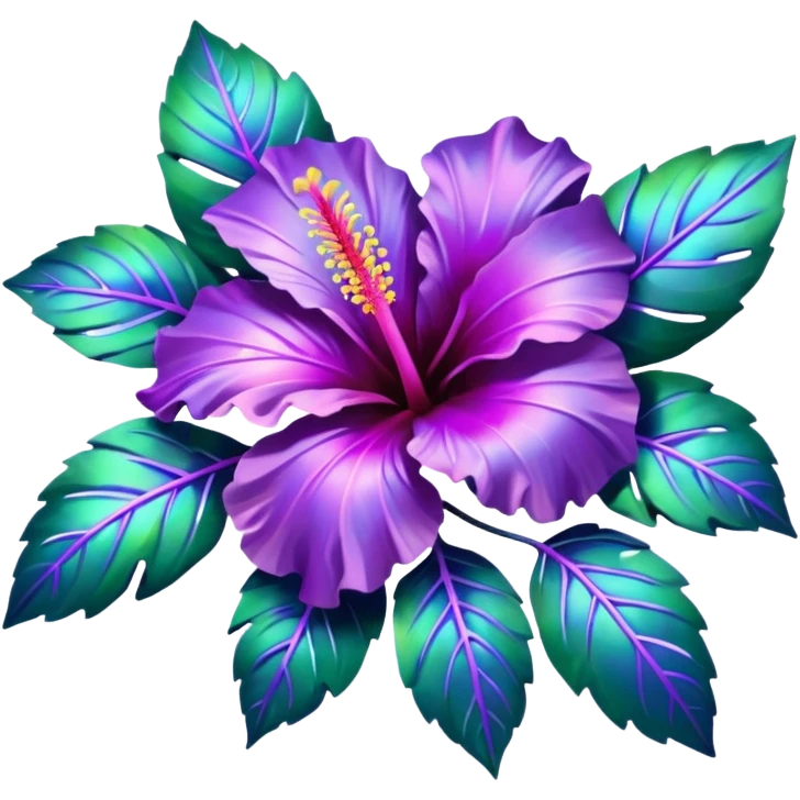 Lush Hibiscus bouquet. resolution of 5000x5800 pixels. transparent background. The design should emphasize clean, thin, and smooth lines to enhance the visual appeal. Hibiscus flowers should be depicted in purple iridescent, holographic, hues. Surround the flowers with realistic leaves, 8k emoji