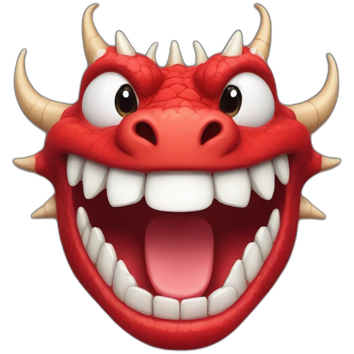 Crazy funny red dragon head with human white teeth and beautiful smile emoji
