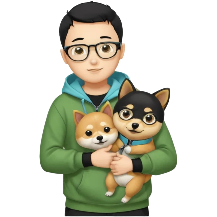 A yellow skin boy, black hair, buzzcut hairstyle, wearing tortoiseshell eyeglasses, green hoodie with zippers, light blue shirt inside, black trousers, black belt, hugging a very cute little black shiba inu emoji