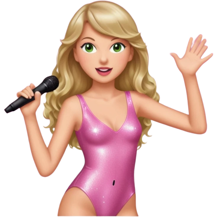 Green eyed smiling Taylor swift with long hair wearing a sparkly pink bodysuit singing at the eras tour emoji