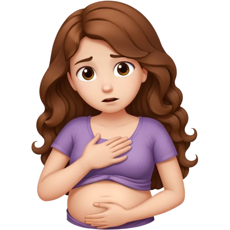 Girl with curled brown long length hair with belly ache emoji