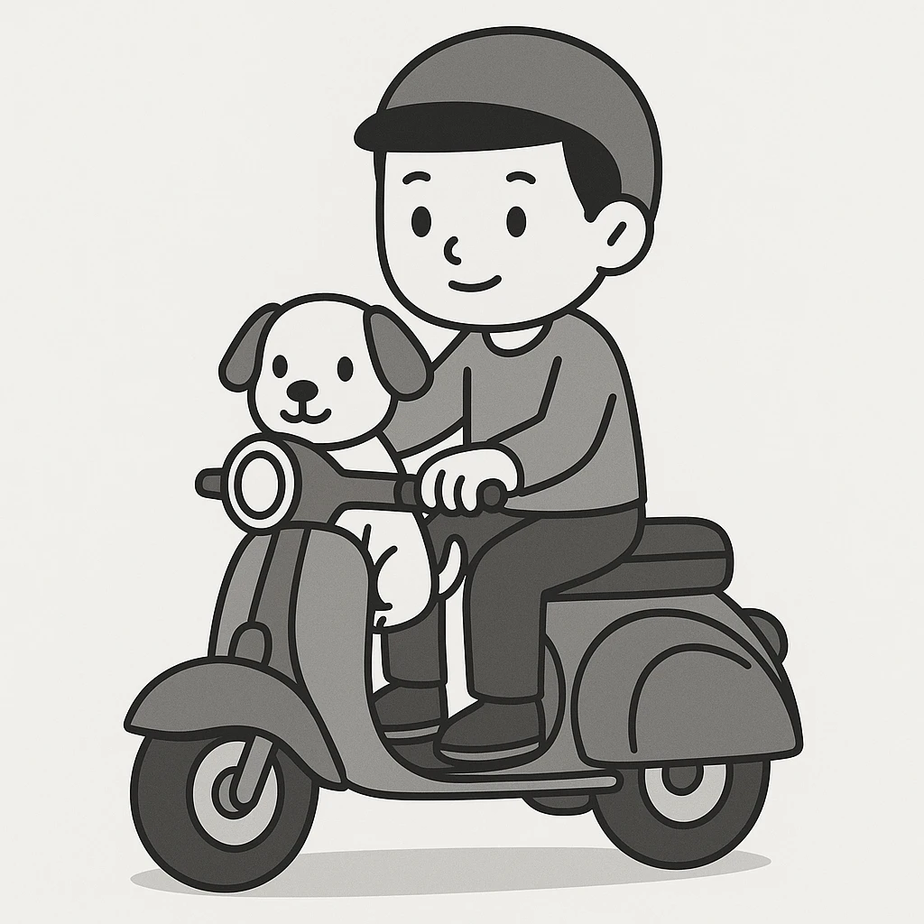 man and his pet dog riding a vespa emoji