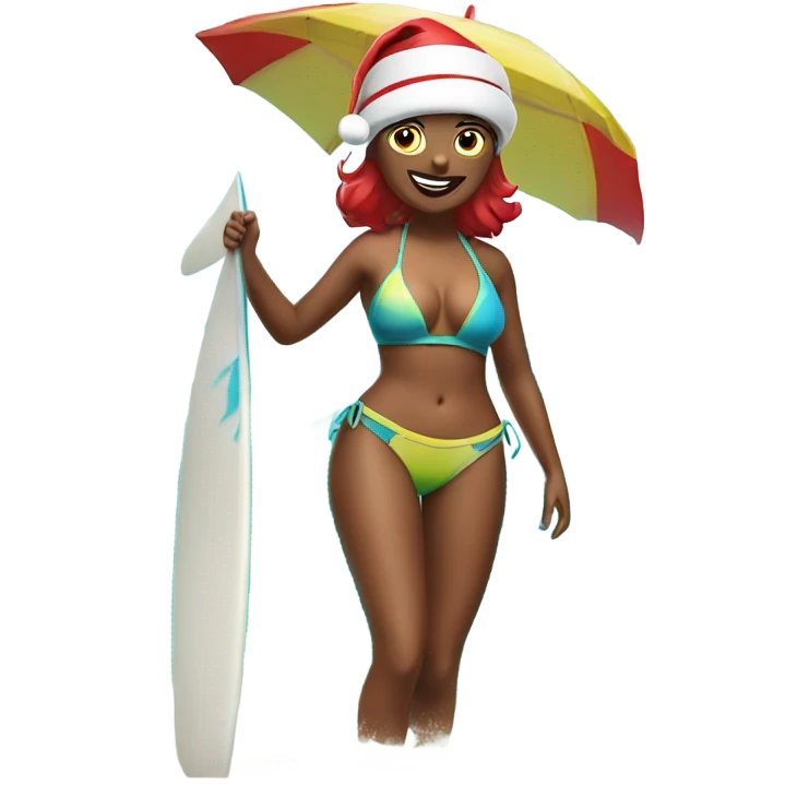 Santa at the beach with a swim top for women on a surf board emoji