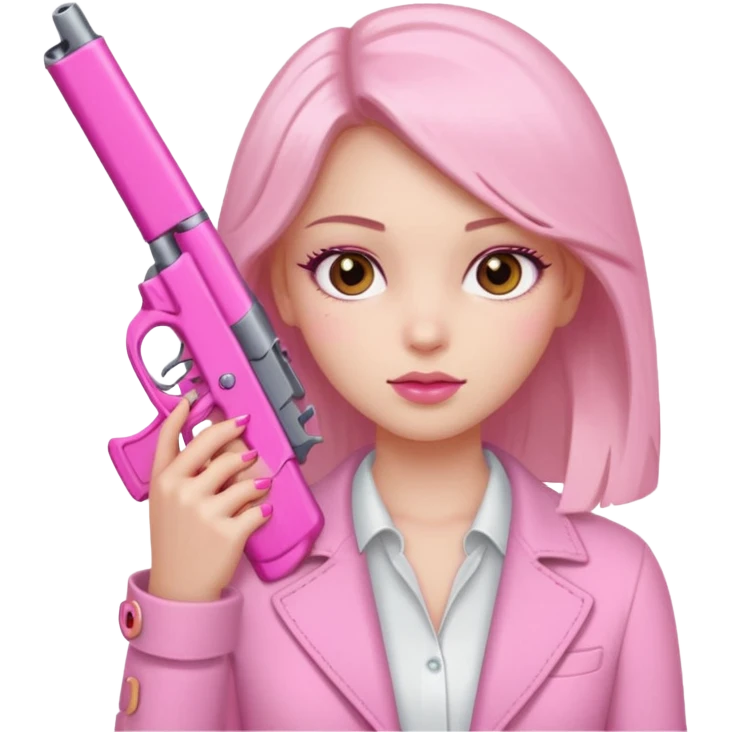Girl hand pink nails holding pink gun with brown eyes emoji