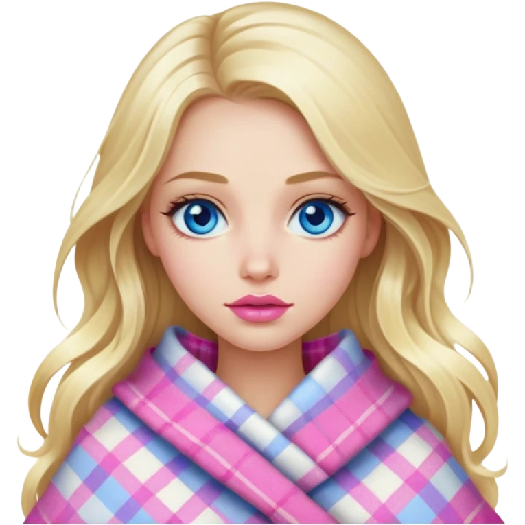 A beautiful blonde girl with long hair, blue eyes, pink lips is wrapped in a plaid emoji