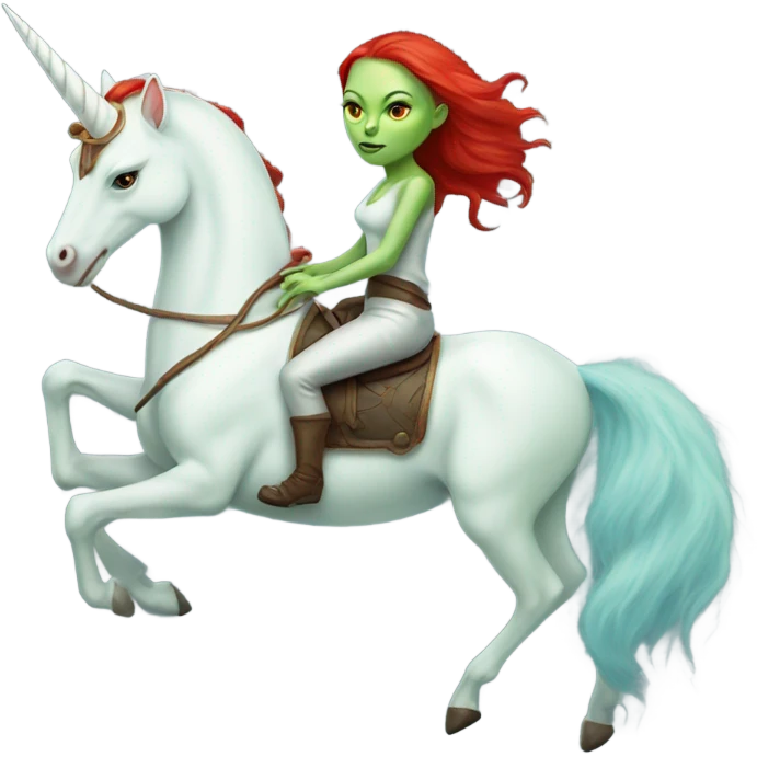 [politically incorrect
	{ woman: alien, color: light green, hair:red, eyes:cat} ]
	on a 
	[{ unicorn: white, legged:six, mane: light blue }] emoji