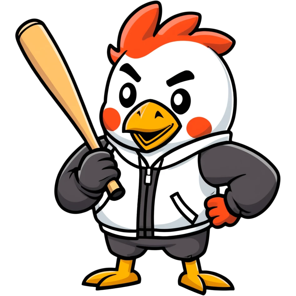 Character with a hen mask holding a baseball bat and a jacket with a B on the left side  emoji