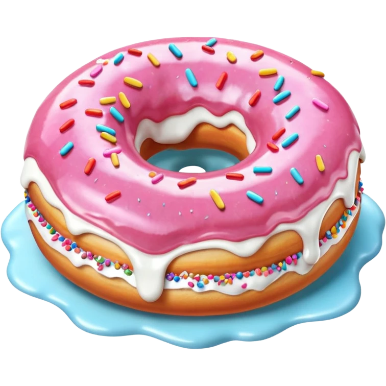 Pink donut with excessive amounts of white icing running down and through the hole of the donut, a waterfall of white icing. emoji