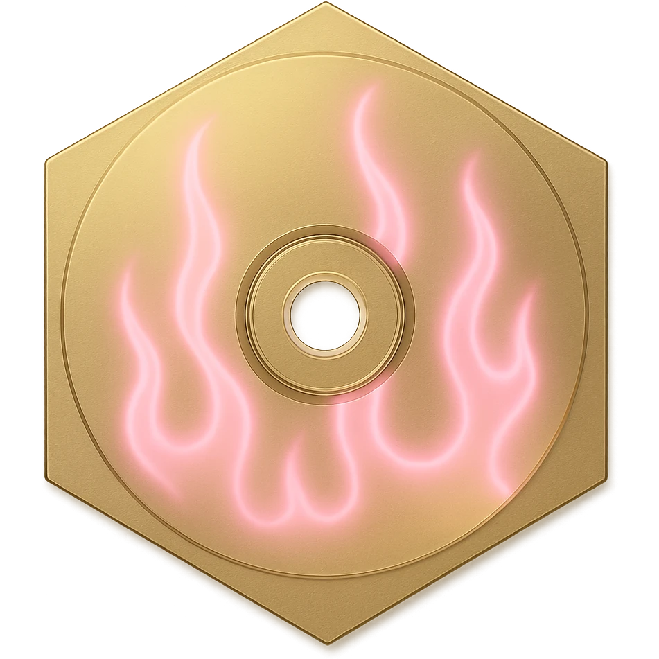 A minimalist CD disc with subtle pink flames, glowing effect, variation 2, style: general, shape: hexagon, color: gold emoji