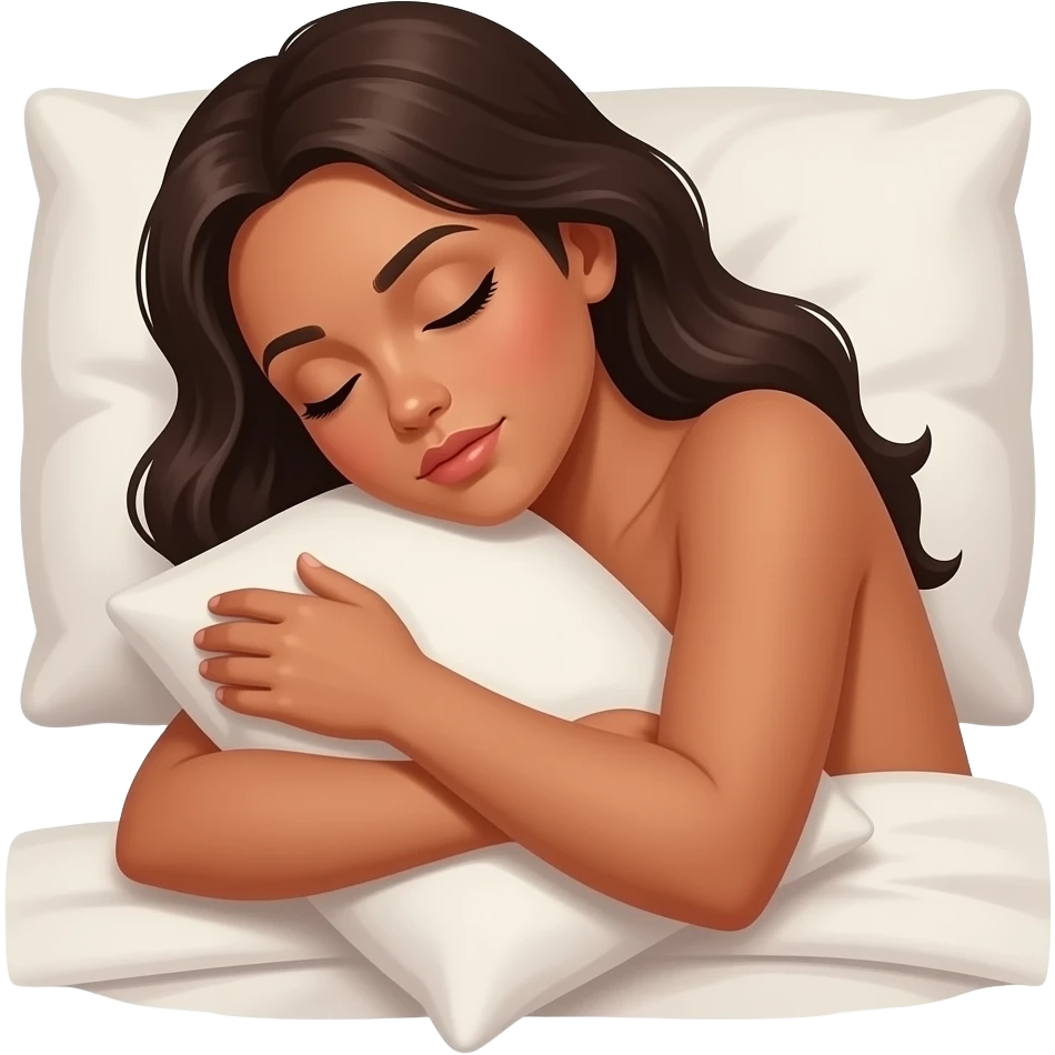a deeply tanned naked woman sleeping peacefully in bed hugging a pillow emoji