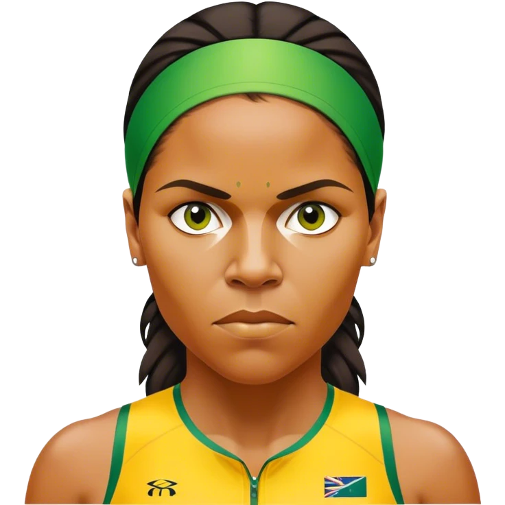 Cinematic Realistic portrait of Cathy Freeman, shown as an iconic Australian sprinter with a focused, determined expression and modern athletic yellow and green attire accented with subtle native motifs, rendered in dynamic, vibrant lighting emoji