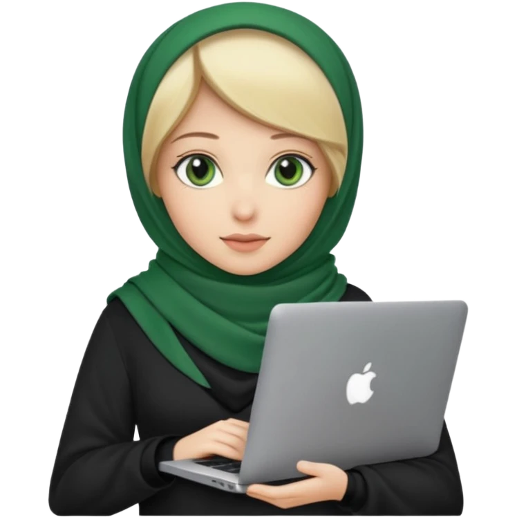 blond women skine , with green eyes , with black scarf hijab ,without hair, with macbook emoji