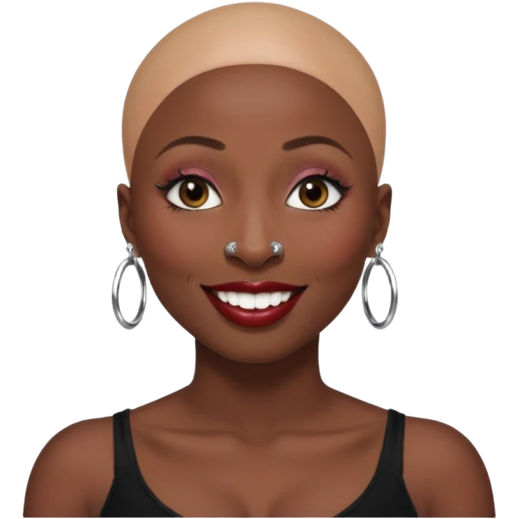 Grown black (proud) woman, bald with a perfect head, a prominent nose with a septum piercing, many piercings on her ears, a gap between her front teeth and very long nails (cynthia erivo) a proud lesbian, with long lashes and glam makeup emoji