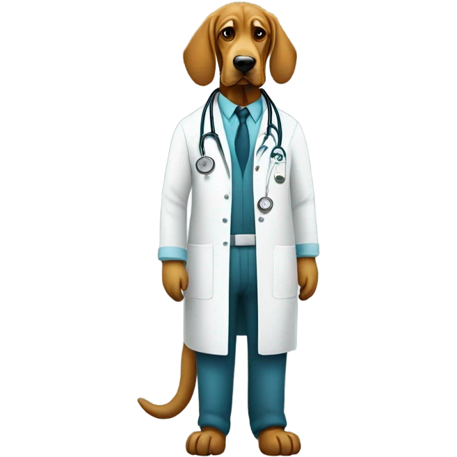 Full body White and gold bloodhound as a doctorwith scrubs and medical mask. emoji