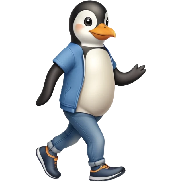 friendly anthropomorphised penguin in jeans and a t-shirt jogging upright standard pose no sunglasses emoji