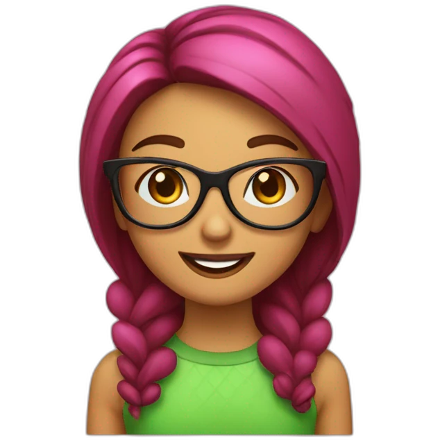 Chica Con coleta y color marrón con gafas verdes, sonrisa amplia y labios pintados de rosa emoji