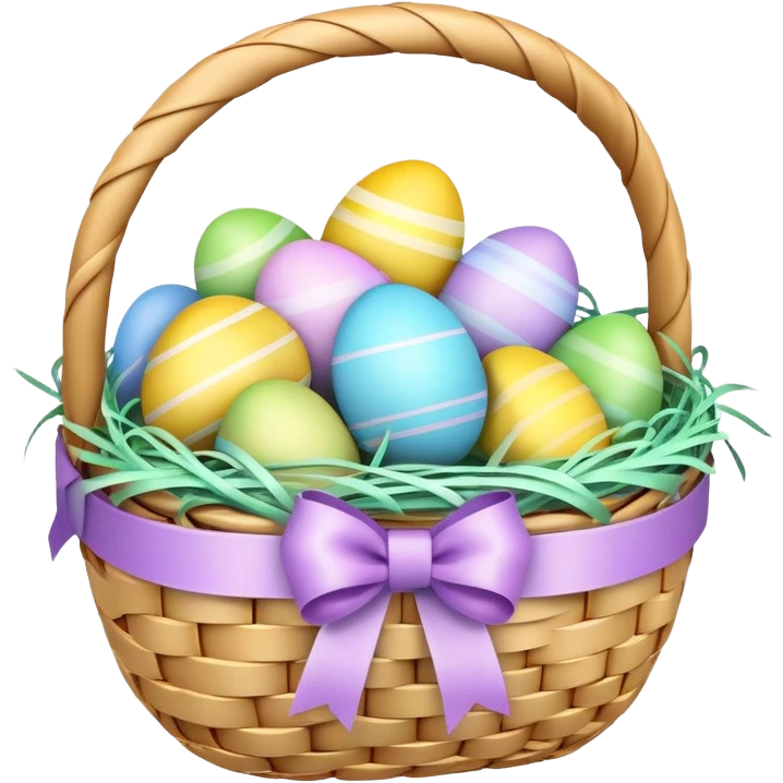 3D emoji of a colorful Easter basket filled with decorated eggs, pastel ribbons, and a woven texture in glossy emoji style. emoji