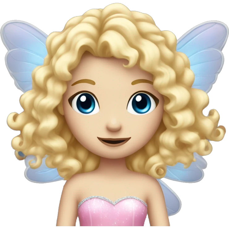 Fairy, a blonde hair with blue eyes and a pink dress with sparkly wings. White wings. The fairy has long, curly hair with a lot of volume emoji