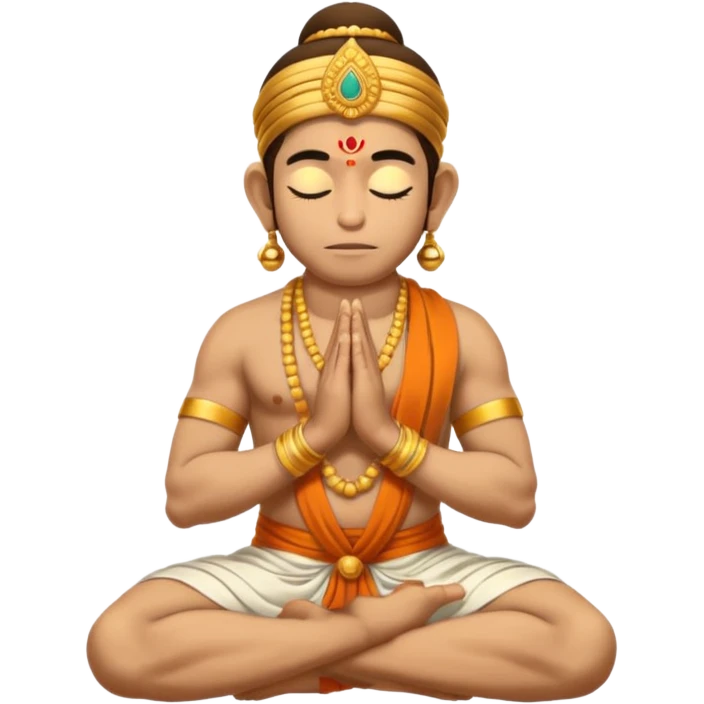 Hanuman ji seated and praying with close eyes with golden mukut and only in dhoti no upper wearings emoji
