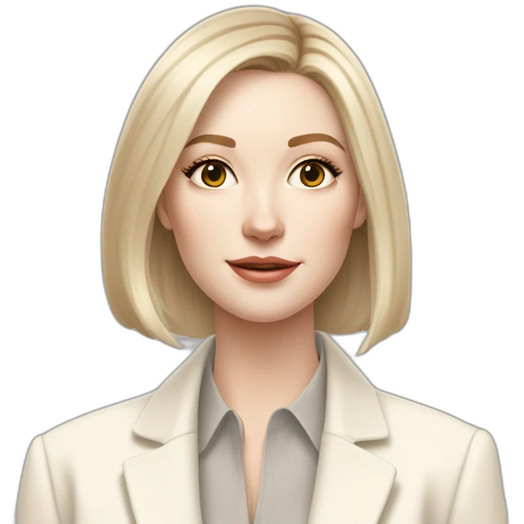 pale skin woman with ash blonde Straightened bob Hair, White Spacious classical jacket, beige palazzo Arrow pants and gray blouse holding white IPhone 15 pro in the hands emoji