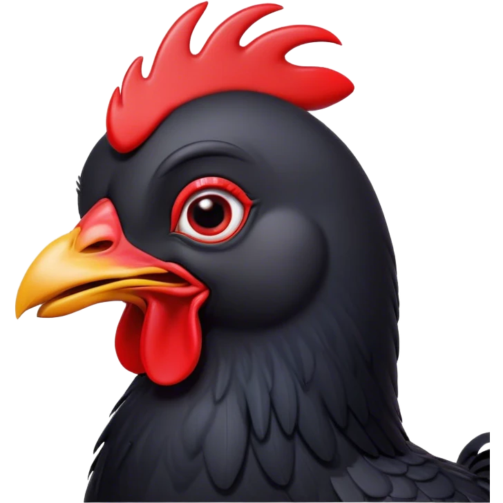 Cinematic Comical Black Chicken Portrait Emoji, Head tilted dramatically with an exaggeratedly amused expression, featuring a sleek, glossy black plumage with a bold red comb, wide, expressive beady eyes filled with playful disbelief, Simplified yet hilariously expressive features, highly detailed, glowing with a slightly sassy glow, high shine, dramatic yet playful, stylized with an air of cheeky mischief, bright and endearing, soft glowing outline, capturing the essence of a spirited and over-the-top chicken, so meme-worthy it feels like it could cluck its way into internet fame instantly! emoji