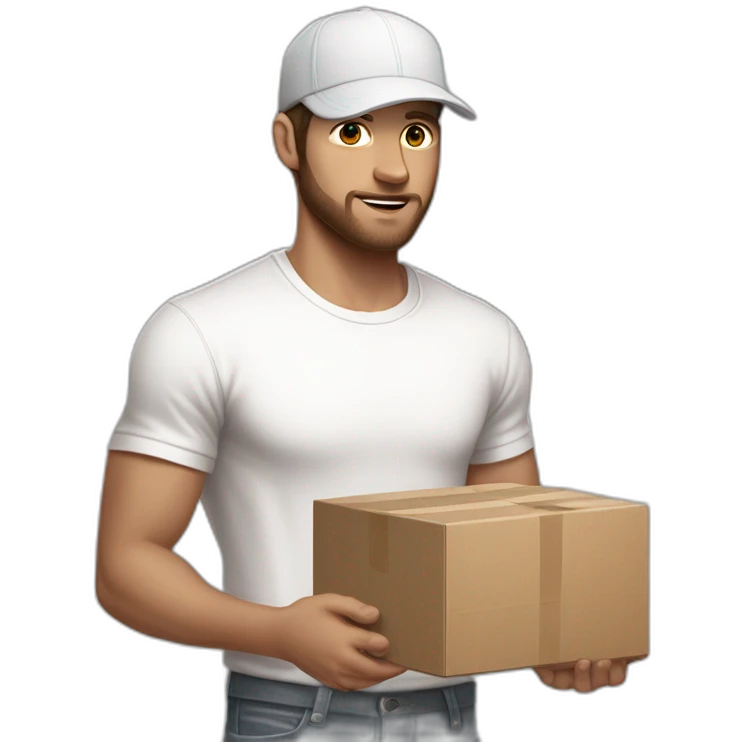 Pale skinned fit Man with dark brown hair in a light gray cap, dark brown jeans, brown polo and white T-shirt keeping a pasted with tape white box into his hands emoji