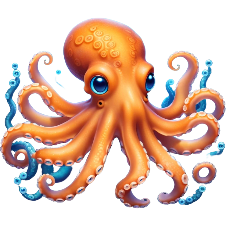 Cinematic Noble Octopus Portrait Emoji, Poised and enchanting, with a light orange body adorned with vibrant blue rings and eight delightfully curling arms with gentle suckers, large sparkling eyes exuding warmth and playfulness, Simplified yet charmingly expressive features, highly detailed, glowing with a soft, magical underwater radiance, high shine, intelligent and irresistibly cute, stylized with an air of whimsical marine enchantment, focused and fluid, soft glowing outline, capturing the essence of a watchful and endearing octopus that appears ready to float out of the screen with delightful charm! emoji