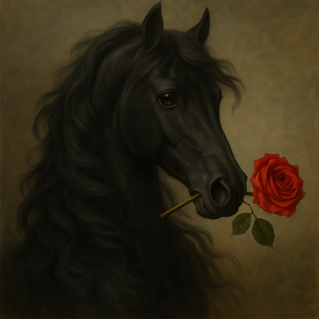 Make the horse black, keep the rose in its mouth, elegant and detailed style. emoji
