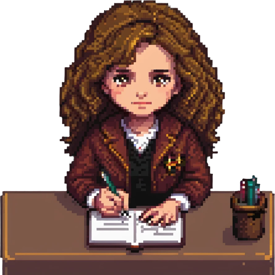 Hermione Granger writing in a notebook, pixel art style, simplified features, cozy setting emoji