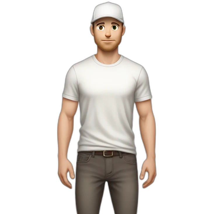 Pale skinned fit Man with dark brown hair in a light gray cap, dark brown jeans, brown polo and white T-shirt keeping a pasted with tape white box into his hands emoji