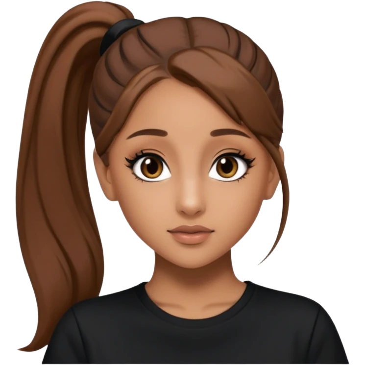 Ariana Grande high ponytaw with brown hair and with black thsirt and and eyeliner make her look 20 emoji