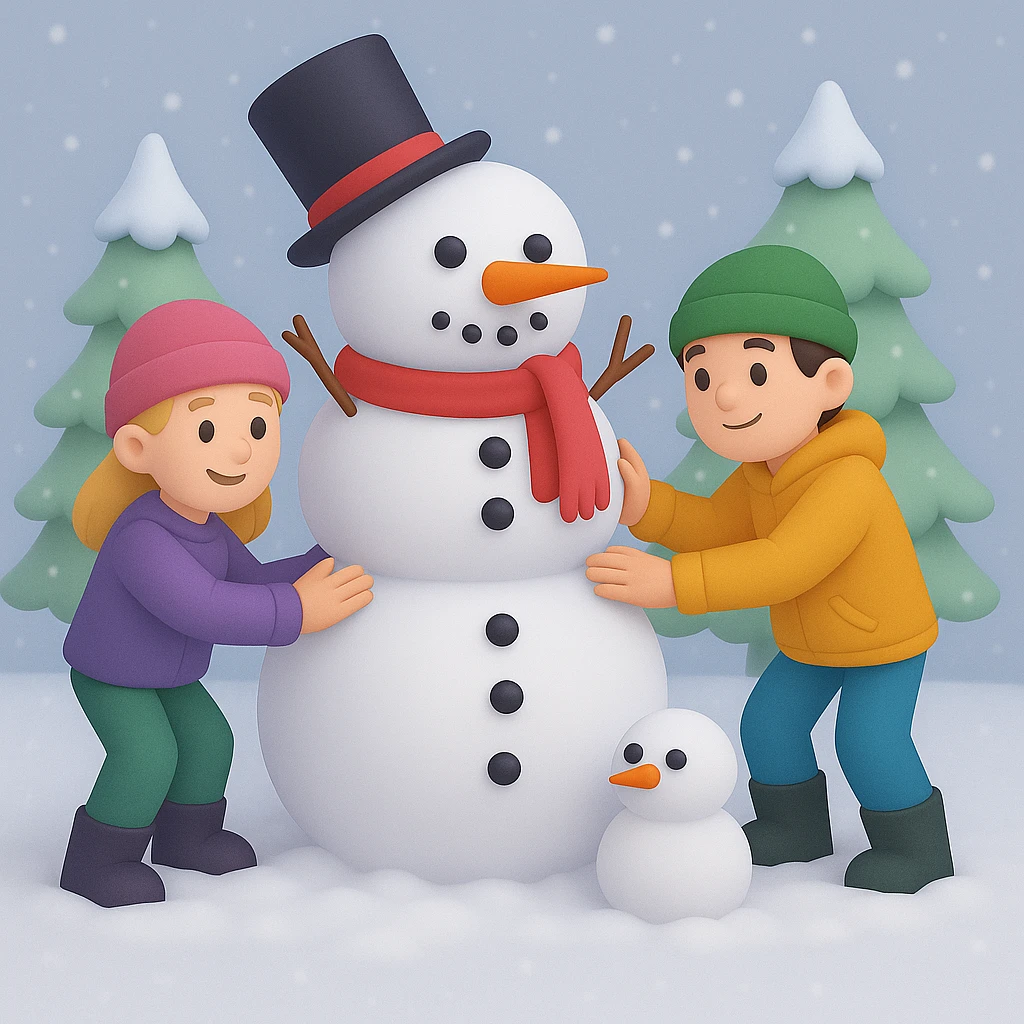 Show two different kids (different hair and clothing colors) building a snowman in a snowy background, keep the 3D emoji style emoji
