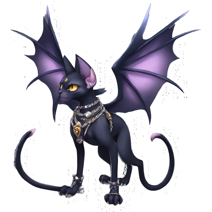 cool punk kawaii edgy distinguished pretty elegant beautiful fantasy black ethereal cartoon nargacuga-Noivern-sphynx-Quiana-Fakemon collar harness chains necklace full body emoji