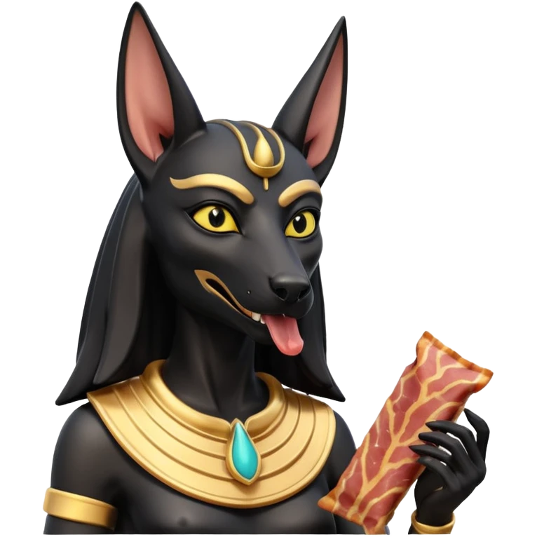  Friendly Short-eared Black fur beautiful female alien anubis statue posed biting on store-brand bacon packaging  emoji