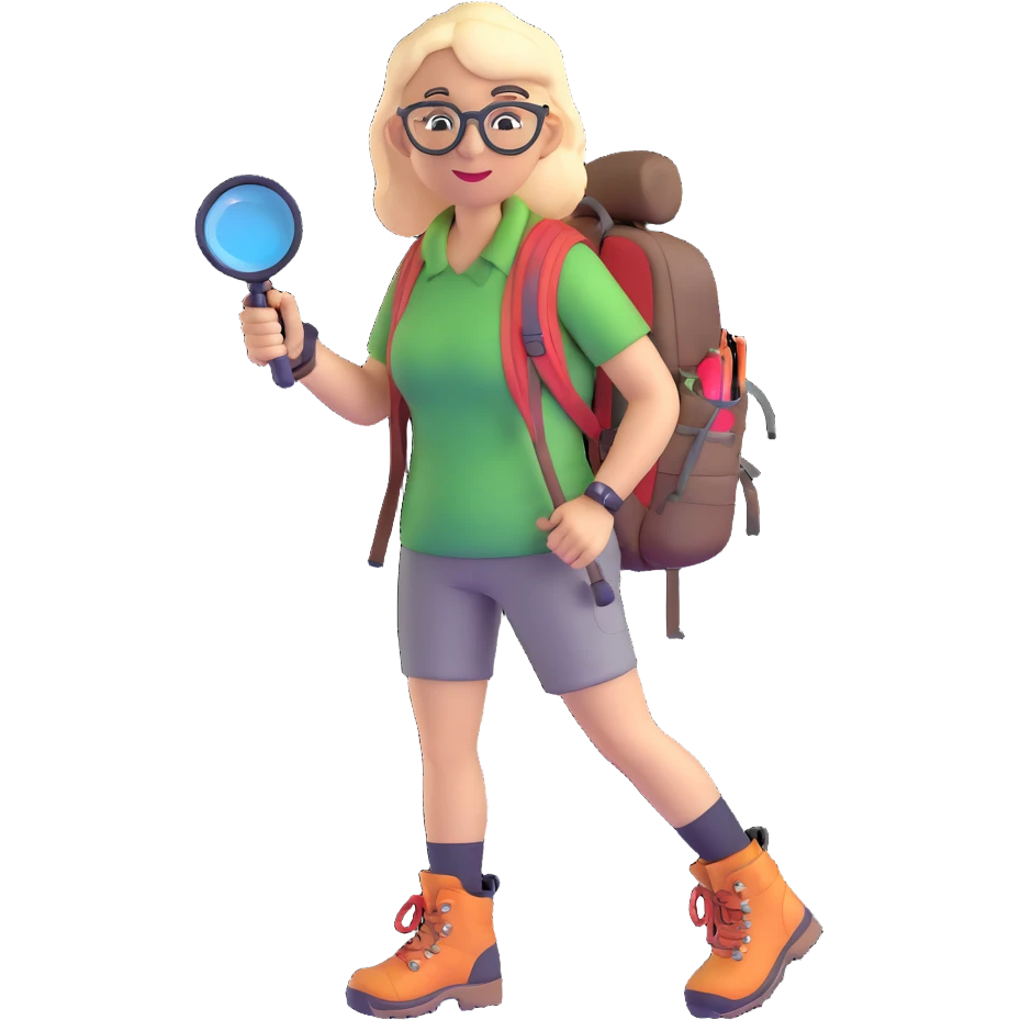 Very happy excited woman in her 40s with glasses wearing sporty outfit, hiking boots, and backpack, holding a magnifying glass emoji
