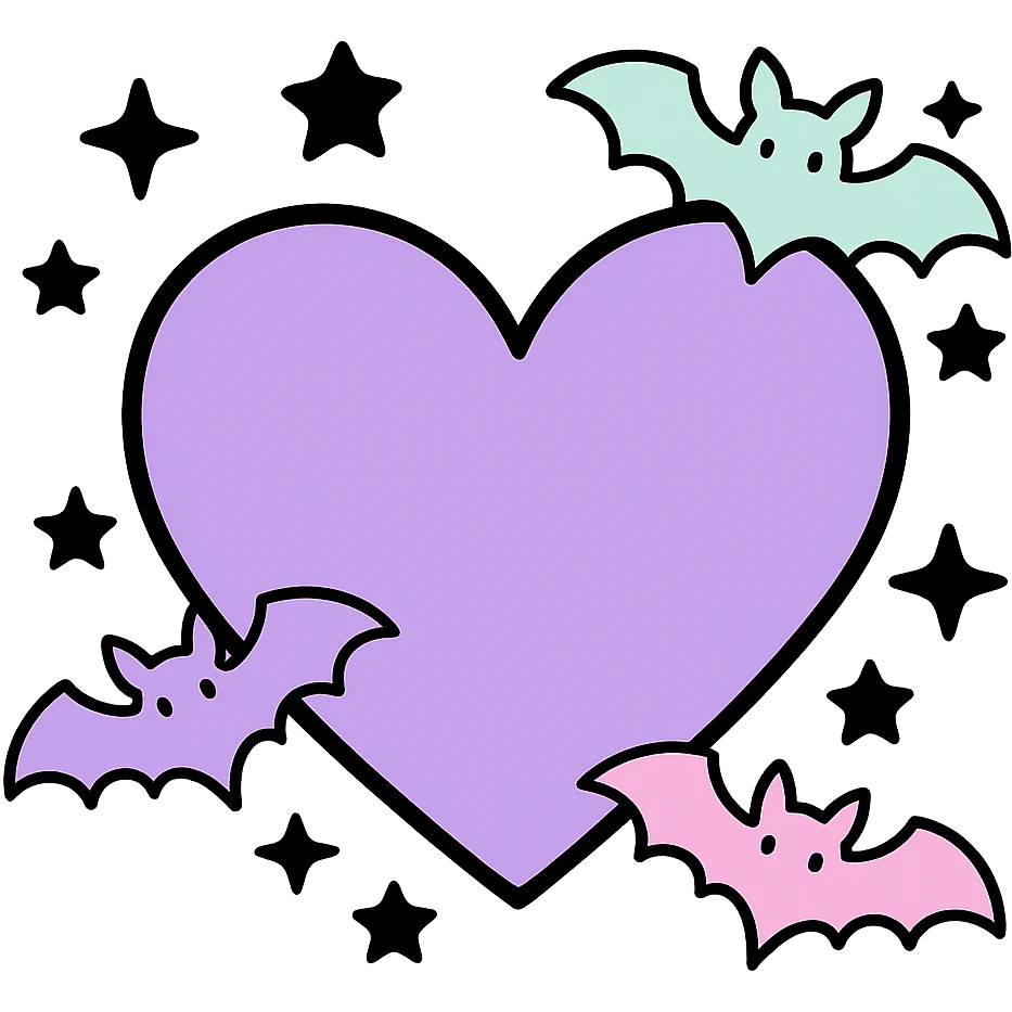 pastel goth heart with pastel bats and black stars ,remove background emoji