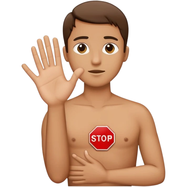 Person with one hand on their chest one hand extended palm outwards like stop sign emoji