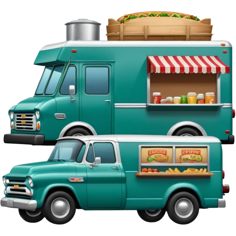 A 2022 half ton bluish green Chevrolet pulling a chuck wagon style food truck emoji