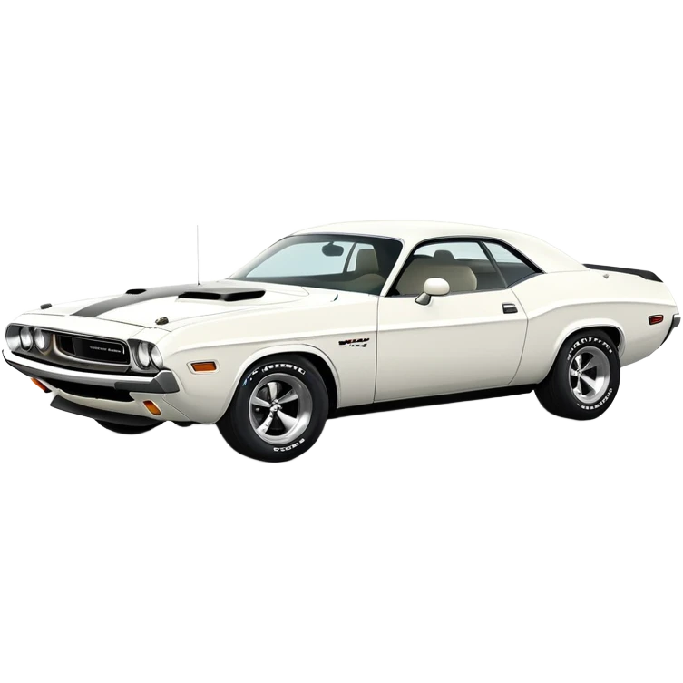 Precisely proportioned white 1971 Dodge Challenger, consistent 30-degree angle showing correct perspective of front and side, authentic muscle car structure, completely white exterior, iOS emoji style emoji