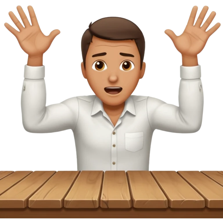 man at desk, leaning forward, hands pressed on table, shouting, working emoji
