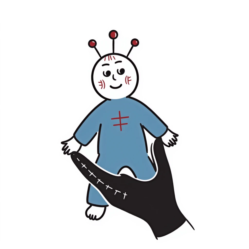 A hand-drawn voodoo doll with Carolina blue fabric and red thread stitches, looking slightly creepy with pins emoji