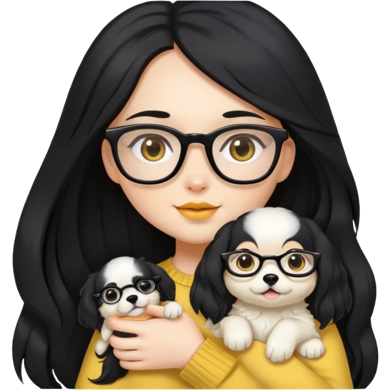 A beautiful girl with long black hair and glasses is holding a long-haired white and yellow puppy emoji