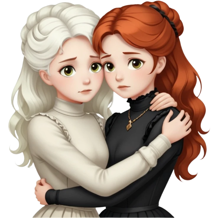 two Victorian women with light eyes, one with bright white coiffed hair and one with dark copper coiffed hair, wearing Victorian turtleneck dresses, embracing in a sad, intimate hug emoji