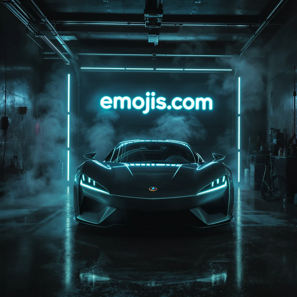 Cinematic still of a futuristic car parked front to camera inside neon garage with led behind saying "emojis.com", room fill with haze, very detailed and futuristic ,inspired by cyberpunk 2077 emoji