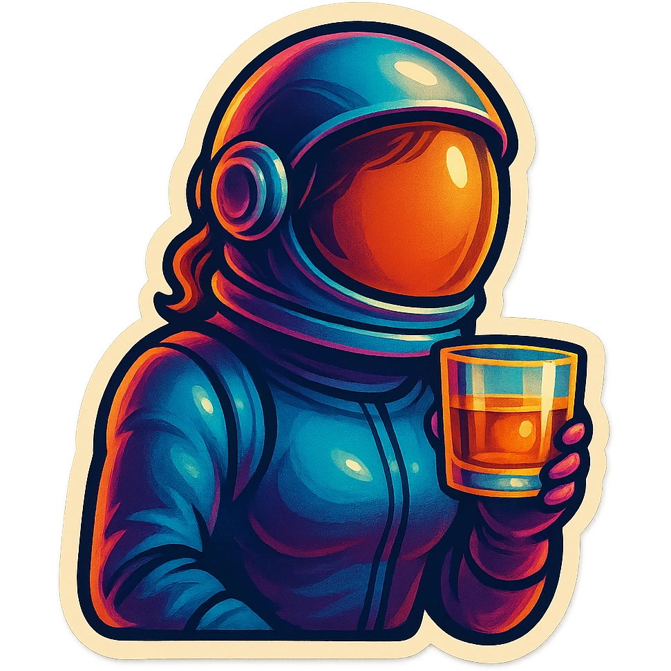 A sticker of a female astronaut with a glass of whiskey emoji