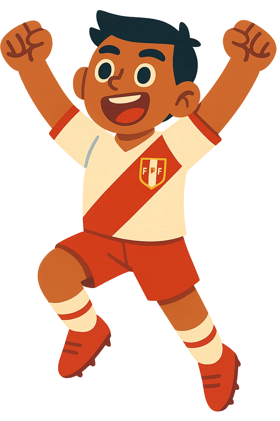 young Peruvian soccer player in Peru uniform celebrating, vibrant and modern style emoji