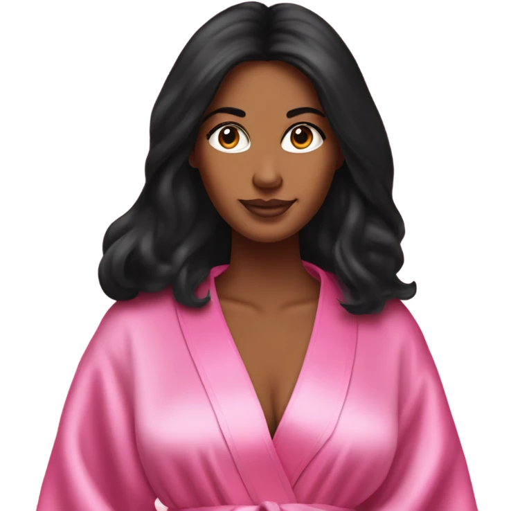 Tanned woman with long black hair wearing a silk pink Victoria’s Secret robe emoji