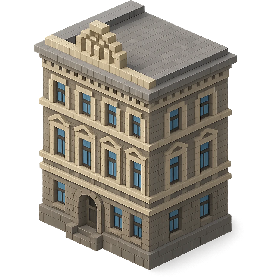 old Saint Petersburg building in voxel style, gray-brown tones, classic ornate facade, isometric view emoji