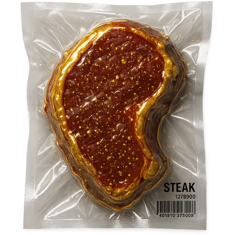 steak with gold sparkles and highlights, shiny and inflated emoji