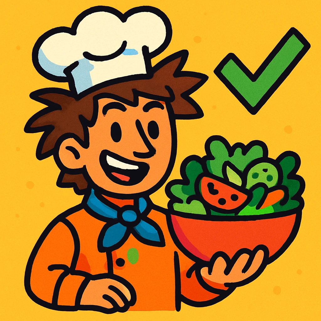 a guy with wild brown hair in a chef's hat, holding a bowl of salad, with a green tick beside him, vibrant cartoon style emoji